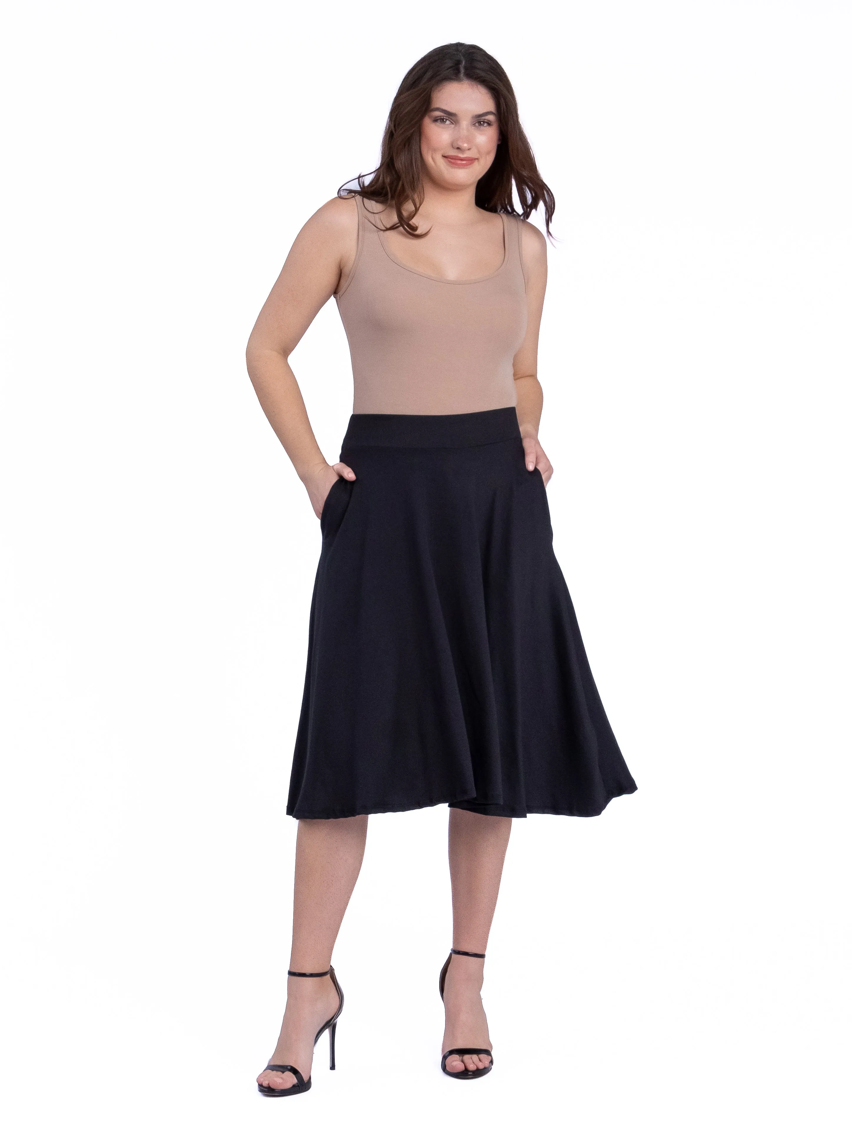 Elastic Waist Pleated Pocket Midi Skirt