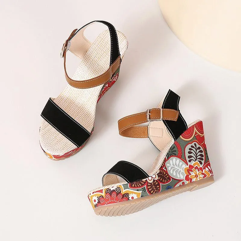 Fashion Flowers Embroidered High Wedge Sandals For Women Summer Toe Platform Buckle Shoes