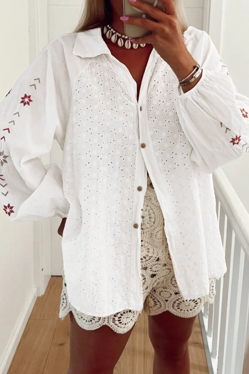 Floral Eyelet Patchwork Puff Sleeve Shirt