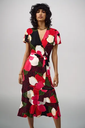 Floral Print Silky Knit Flowy Wrap Dress