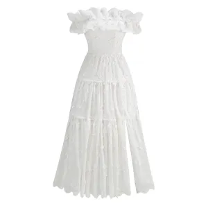 Flowy Ruffled Off Shoulder Smocked Broderie Anglaise Tiered Maxi Dress