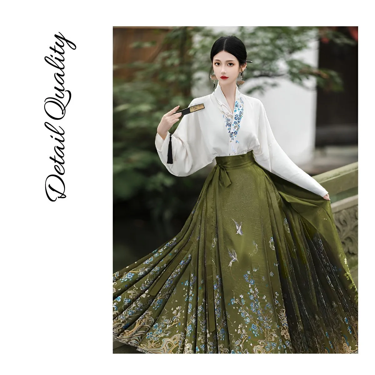 Fresh Bean Green Chinese Style  Horse Face Skirt Set