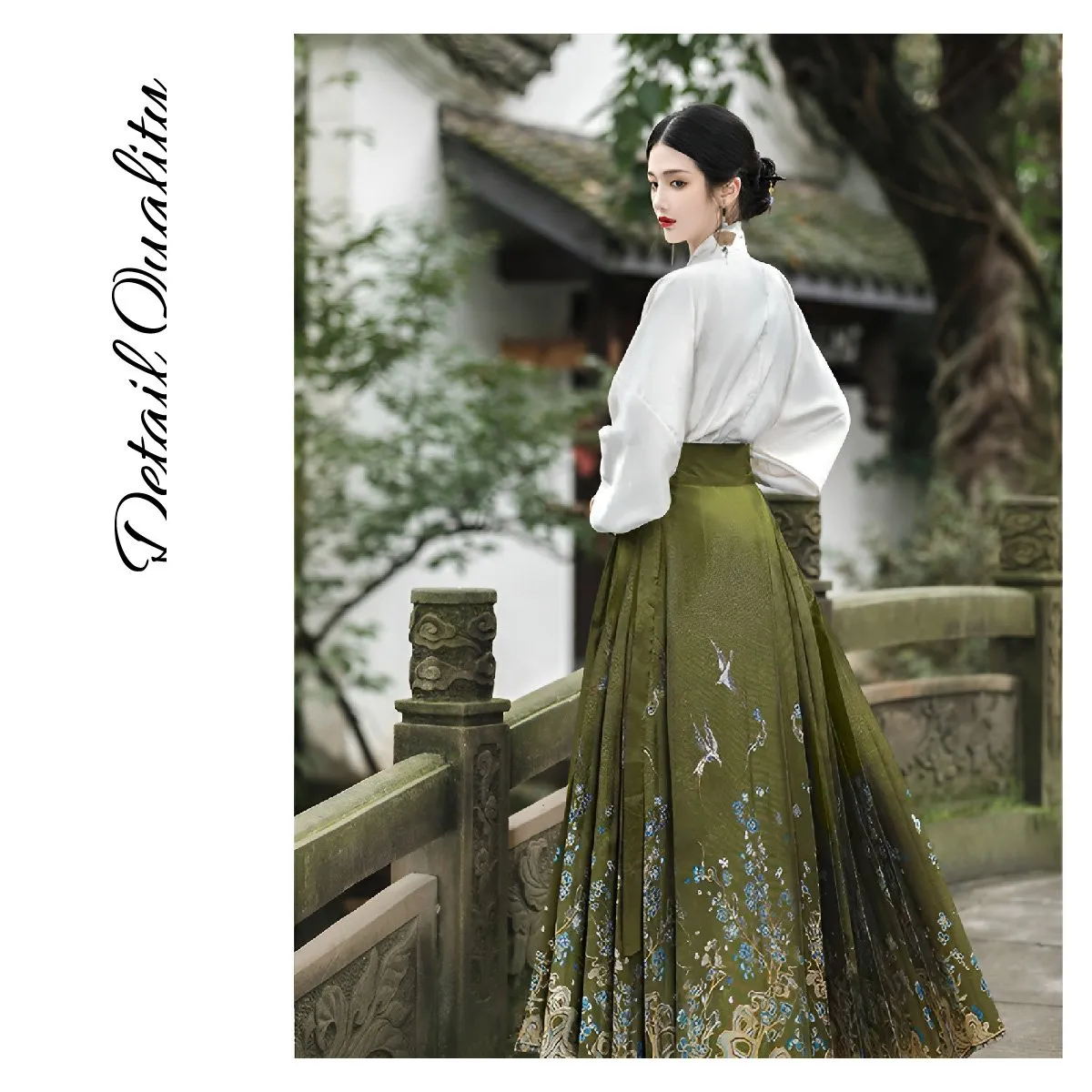 Fresh Bean Green Chinese Style  Horse Face Skirt Set