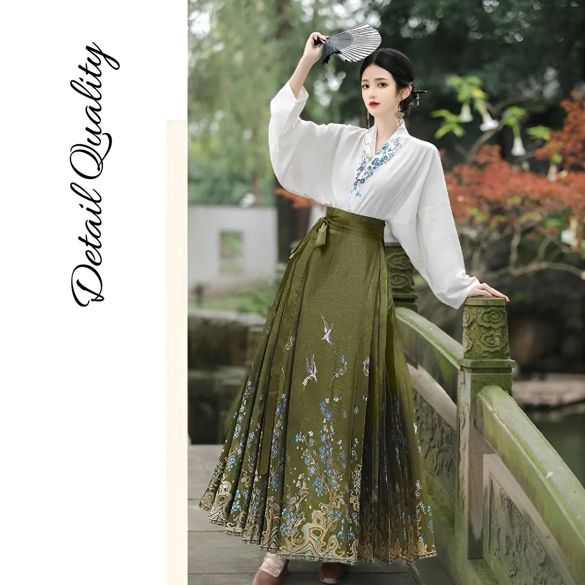 Fresh Bean Green Chinese Style  Horse Face Skirt Set