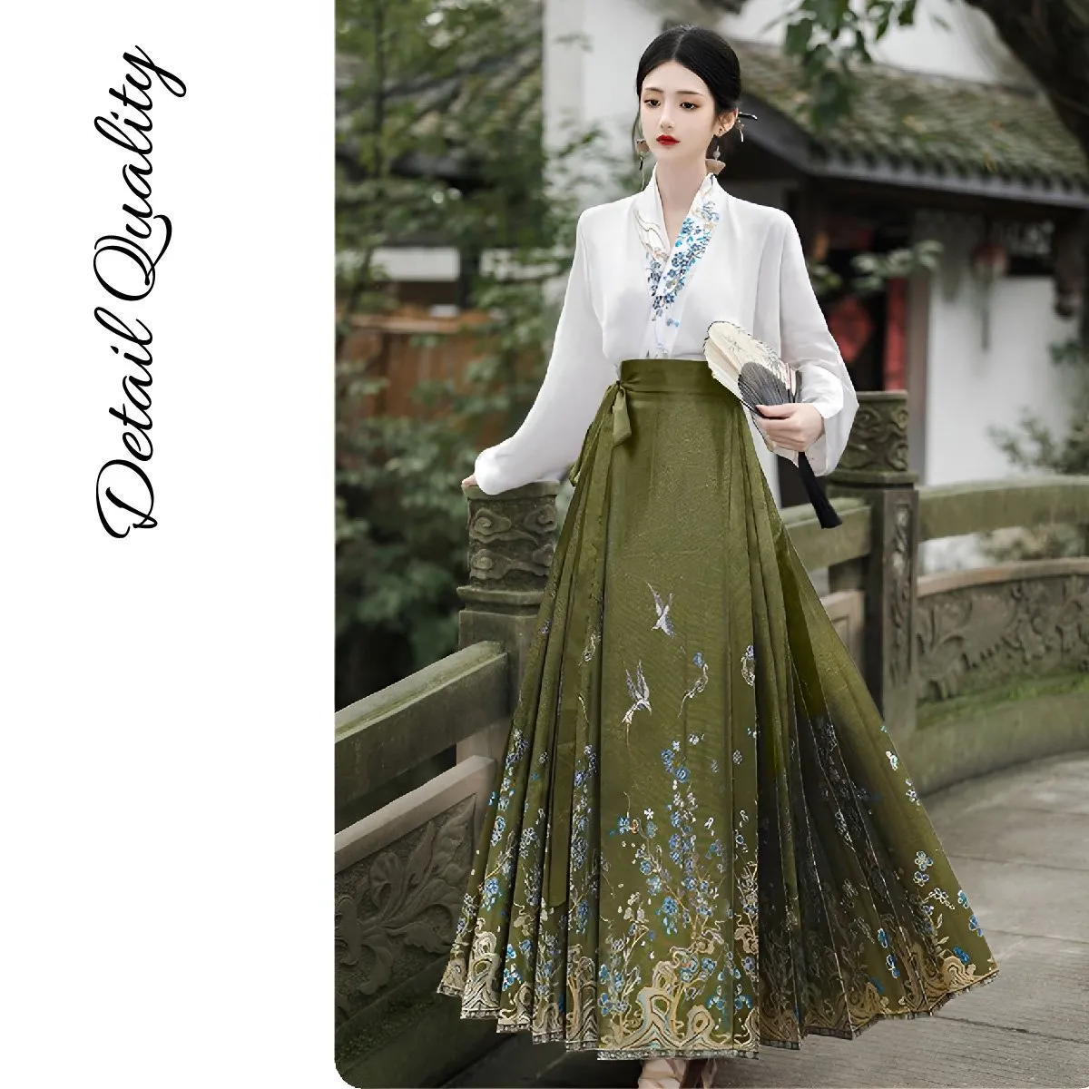 Fresh Bean Green Chinese Style  Horse Face Skirt Set