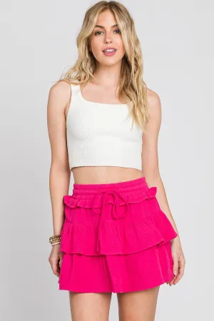 Fuchsia Washed Cotton Gauze Ruffle Skort