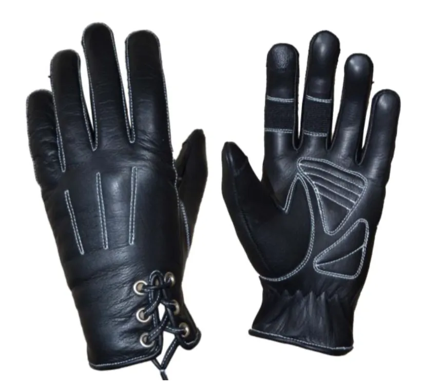 Full Finger Leather Gloves with White Stitching, Lace Detail