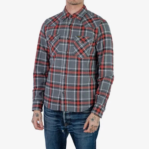 Iron Heart IHSH-369 12oz Slubby Heavy Flannel Herringbone Check Western Shirt - Grey