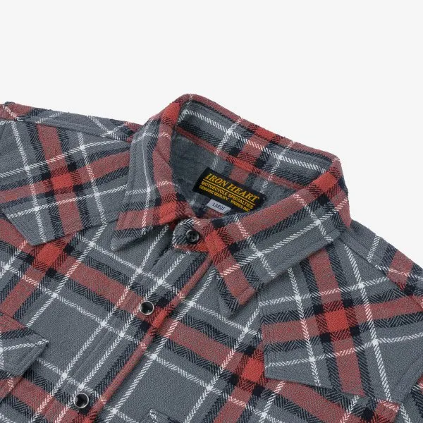 Iron Heart IHSH-369 12oz Slubby Heavy Flannel Herringbone Check Western Shirt - Grey