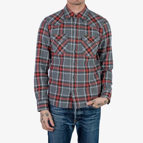 Iron Heart IHSH-369 12oz Slubby Heavy Flannel Herringbone Check Western Shirt - Grey