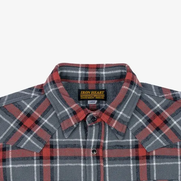 Iron Heart IHSH-369 12oz Slubby Heavy Flannel Herringbone Check Western Shirt - Grey