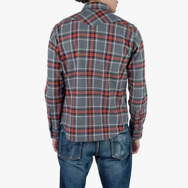 Iron Heart IHSH-369 12oz Slubby Heavy Flannel Herringbone Check Western Shirt - Grey