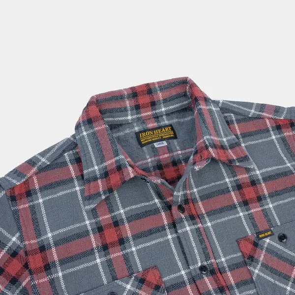 Iron Heart IHSH-375-GRY 12oz Slubby Heavy Flannel Herringbone Check Work Shirt