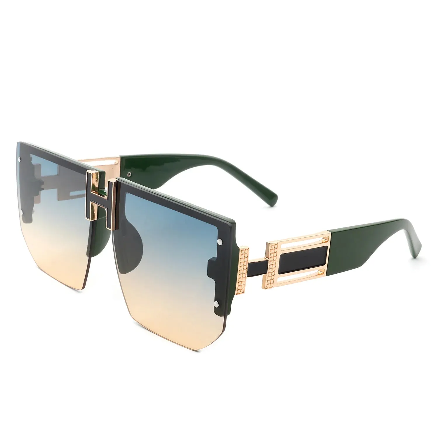 Kaelor - Square Oversized Flat Top Gradient Half Frame Sunglasses