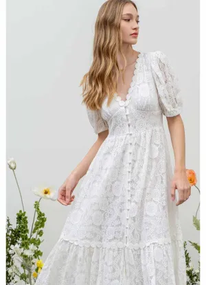 lace Detailed Midi Dress in White by Blu Pepper