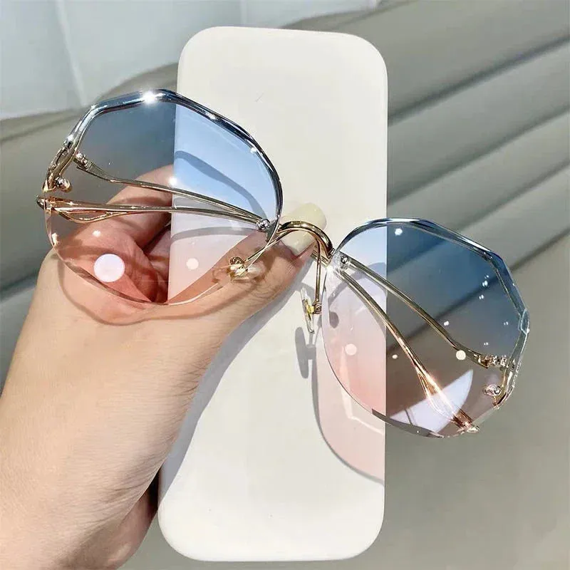 Ladies Trendy Oval Gradient Sunglasses Ocean Lens Rimless Sun Glasses Metal Curved Temples UV400 Shades Eyewear  Oculos De Sol