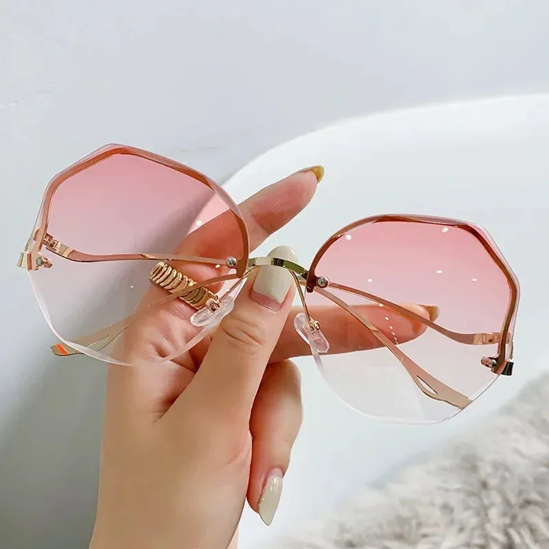 Ladies Trendy Oval Gradient Sunglasses Ocean Lens Rimless Sun Glasses Metal Curved Temples UV400 Shades Eyewear  Oculos De Sol