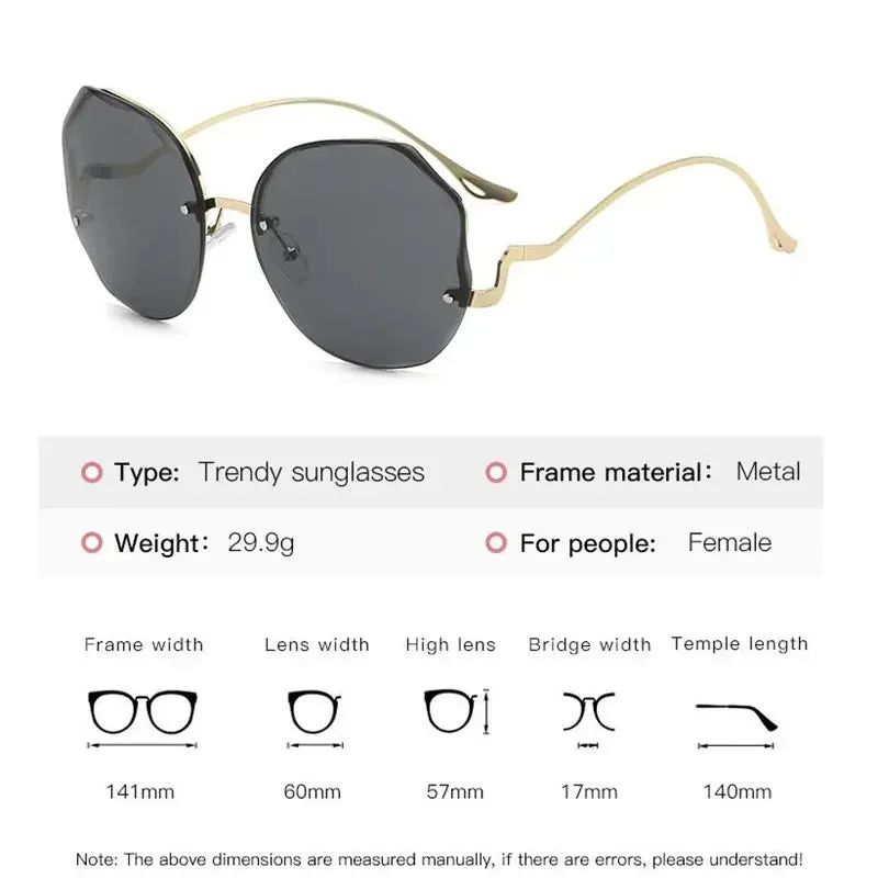 Ladies Trendy Oval Gradient Sunglasses Ocean Lens Rimless Sun Glasses Metal Curved Temples UV400 Shades Eyewear  Oculos De Sol