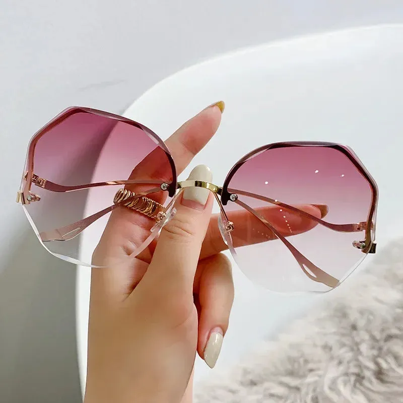 Ladies Trendy Oval Gradient Sunglasses Ocean Lens Rimless Sun Glasses Metal Curved Temples UV400 Shades Eyewear  Oculos De Sol