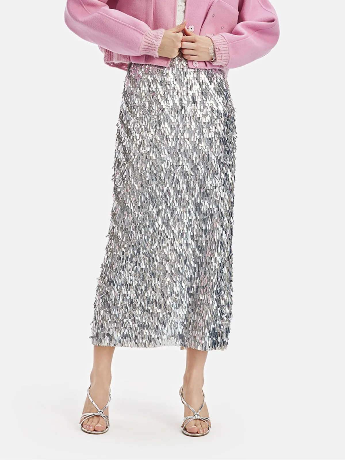 Layered Sequin Slit Midi Skirt