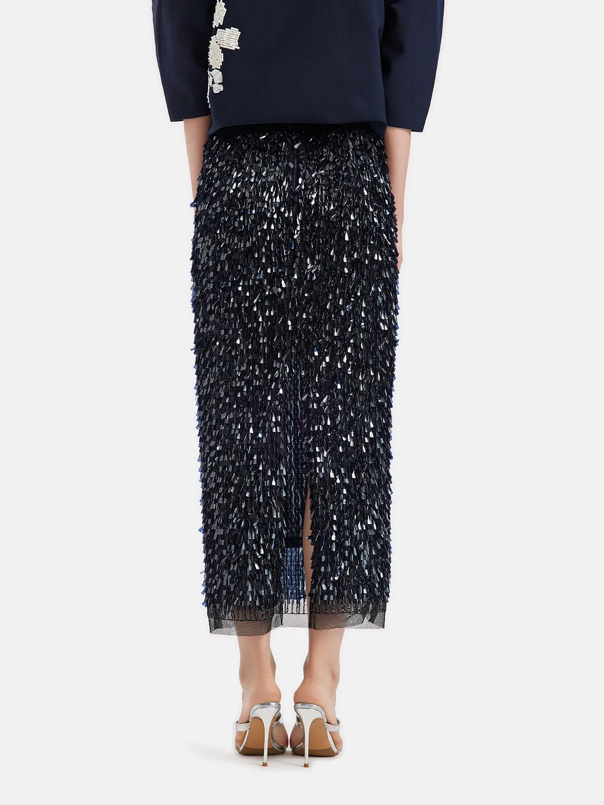 Layered Sequin Slit Midi Skirt