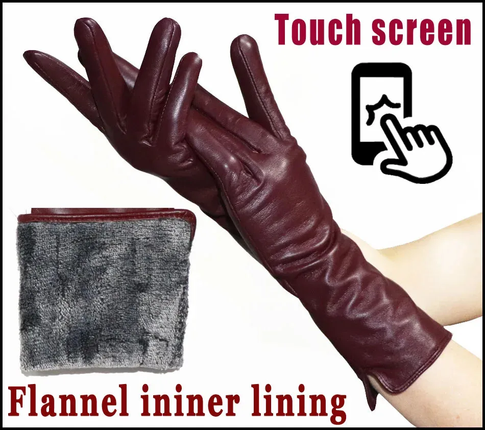 Leather Gloves Women's Sheepskin Mid-length Plus Velvet Thickened Winter Warmth Color Touch screen Authentic 2024 New style