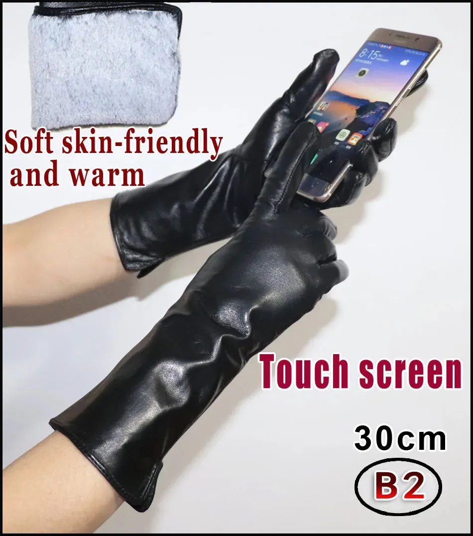 Leather Gloves Women's Sheepskin Mid-length Plus Velvet Thickened Winter Warmth Color Touch screen Authentic 2024 New style