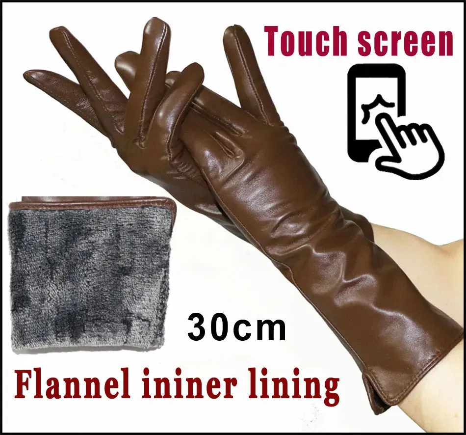 Leather Gloves Women's Sheepskin Mid-length Plus Velvet Thickened Winter Warmth Color Touch screen Authentic 2024 New style