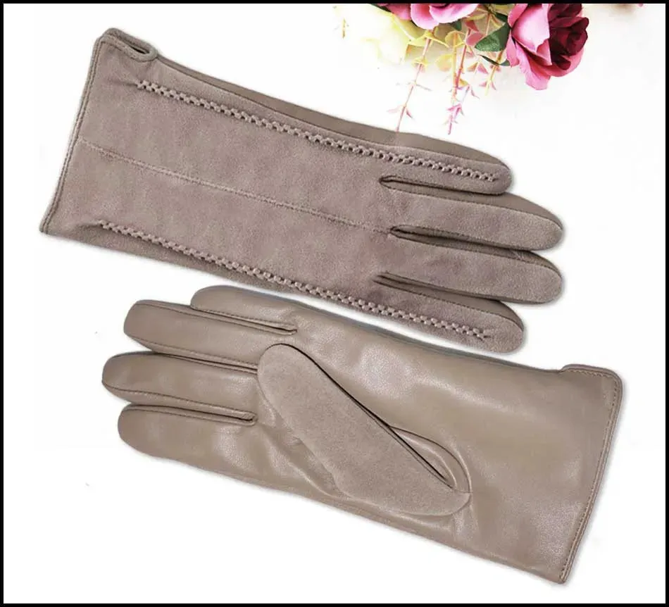 Leather Gloves Women's Sheepskin Suede Gloves Frosted Leather Autumn and Winter Thin and Thick Warm Knitted Lining Fashion New