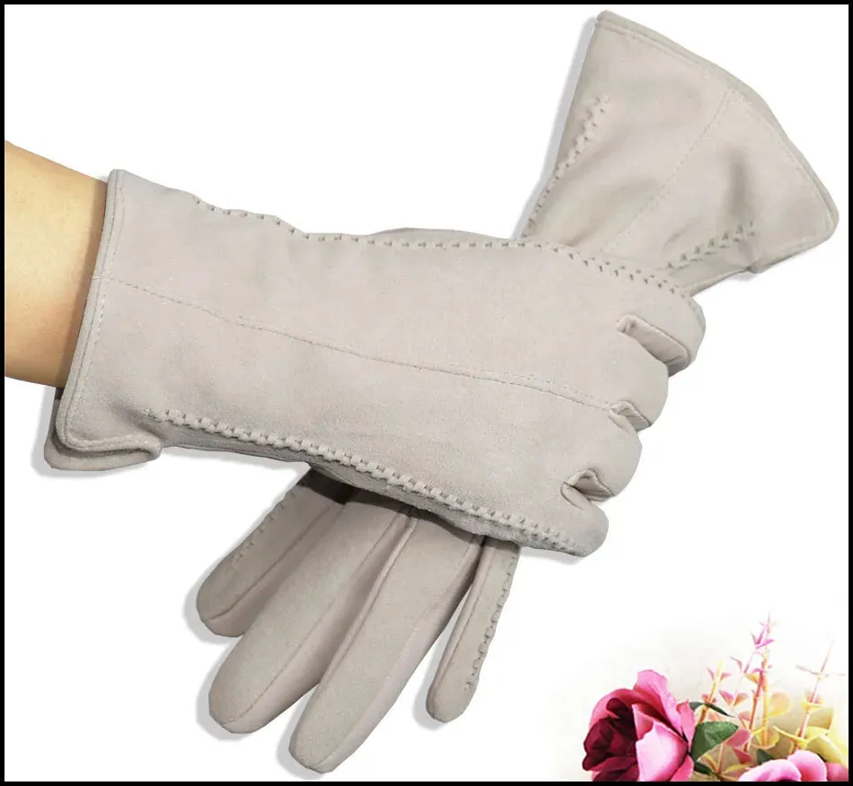 Leather Gloves Women's Sheepskin Suede Gloves Frosted Leather Autumn and Winter Thin and Thick Warm Knitted Lining Fashion New