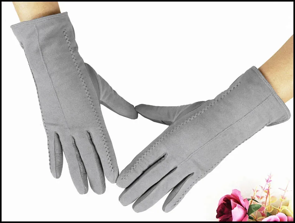 Leather Gloves Women's Sheepskin Suede Gloves Frosted Leather Autumn and Winter Thin and Thick Warm Knitted Lining Fashion New