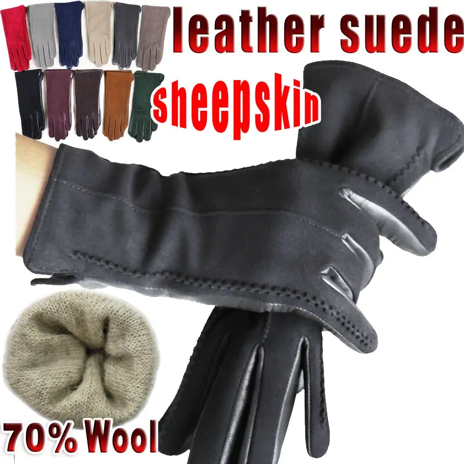 Leather Gloves Women's Sheepskin Suede Gloves Frosted Leather Autumn and Winter Thin and Thick Warm Knitted Lining Fashion New