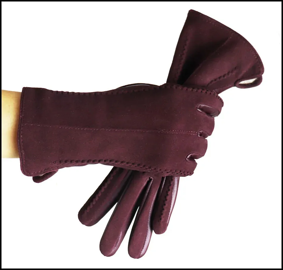 Leather Gloves Women's Sheepskin Suede Gloves Frosted Leather Autumn and Winter Thin and Thick Warm Knitted Lining Fashion New