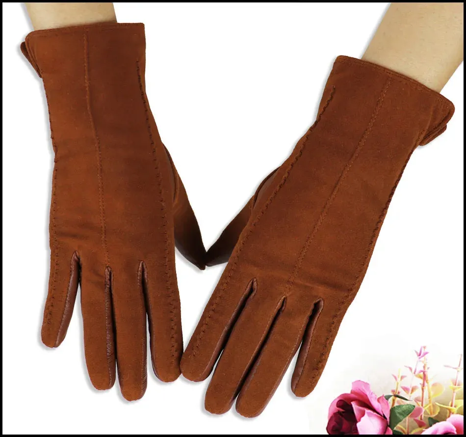 Leather Gloves Women's Sheepskin Suede Gloves Frosted Leather Autumn and Winter Thin and Thick Warm Knitted Lining Fashion New