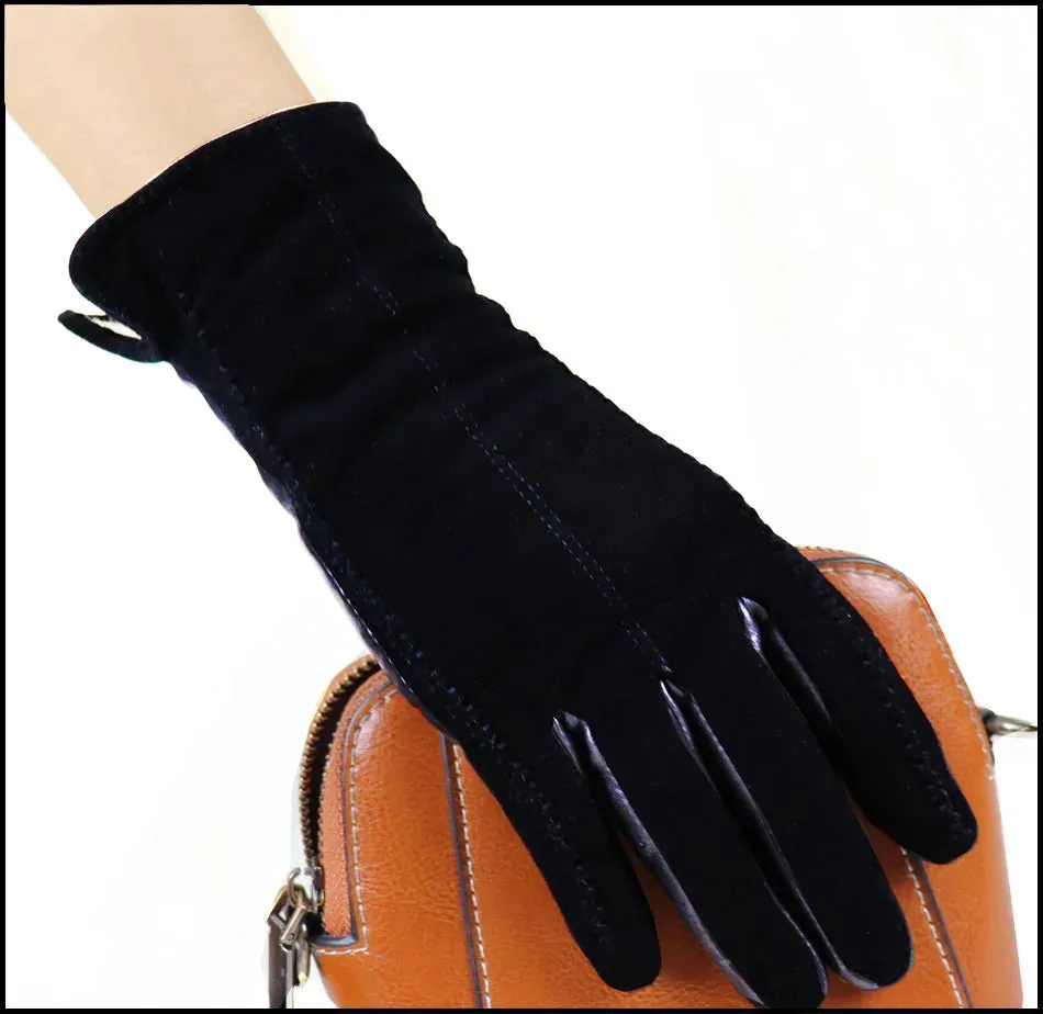 Leather Gloves Women's Sheepskin Suede Gloves Frosted Leather Autumn and Winter Thin and Thick Warm Knitted Lining Fashion New