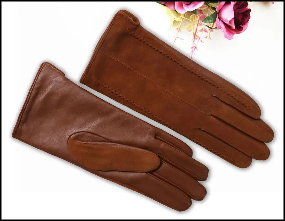 Leather Gloves Women's Sheepskin Suede Gloves Frosted Leather Autumn and Winter Thin and Thick Warm Knitted Lining Fashion New