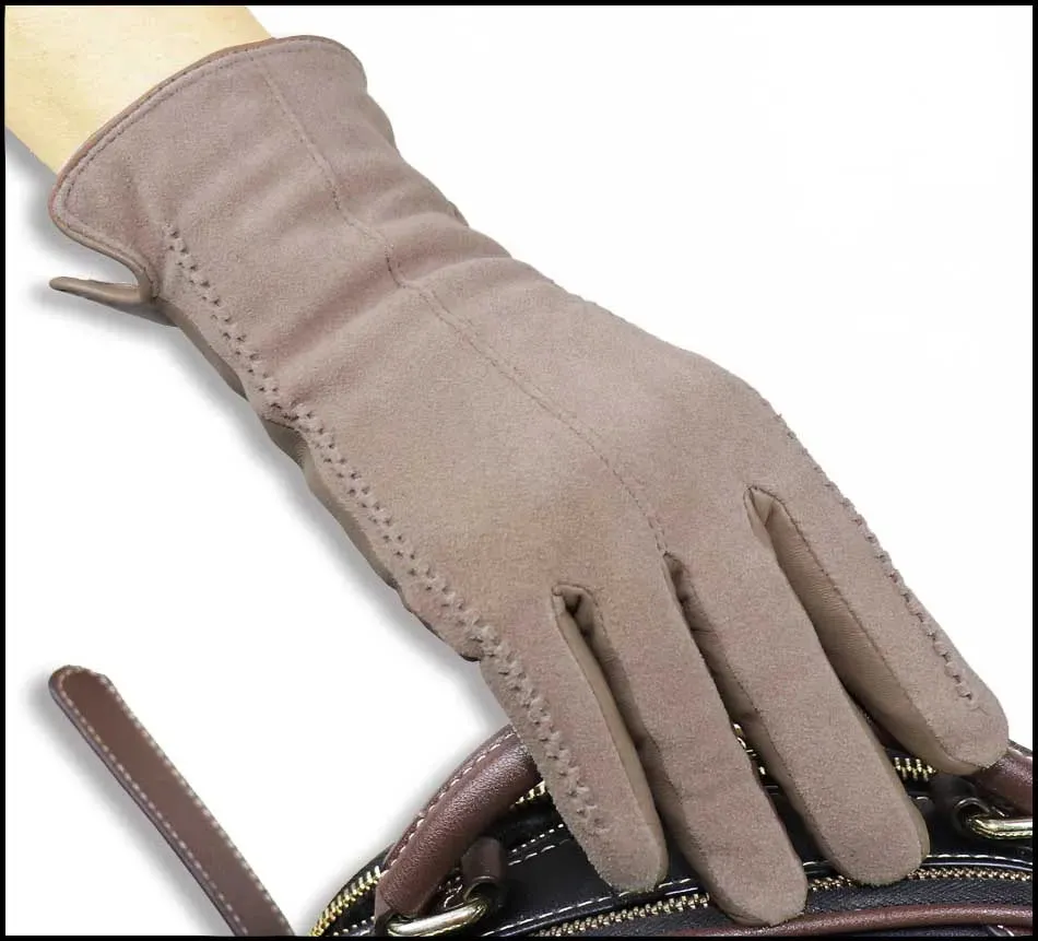 Leather Gloves Women's Sheepskin Suede Gloves Frosted Leather Autumn and Winter Thin and Thick Warm Knitted Lining Fashion New