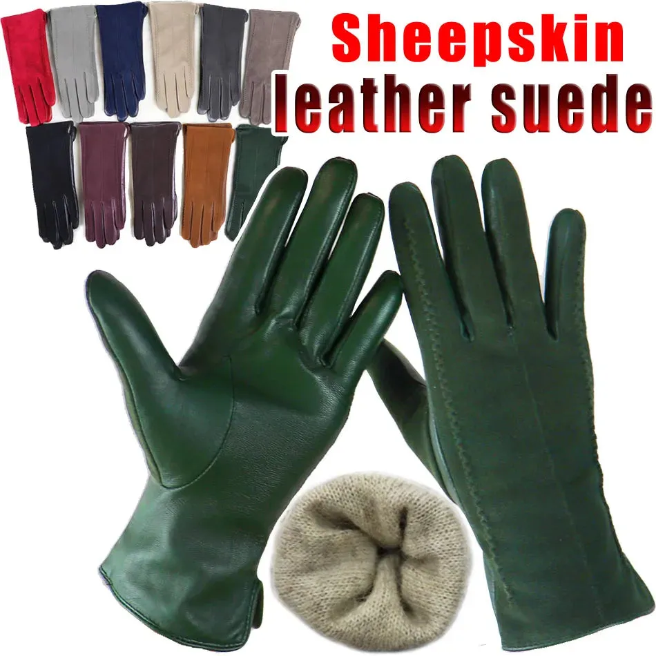 Leather Gloves Women's Sheepskin Suede Gloves Frosted Leather Autumn and Winter Thin and Thick Warm Knitted Lining Fashion New