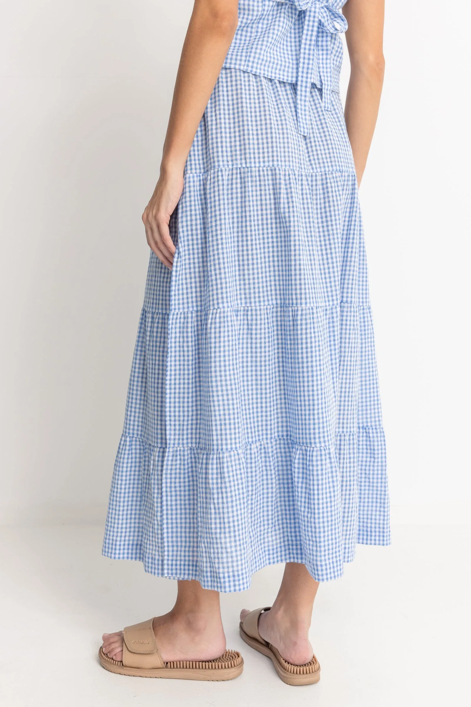 Lola Check Tiered Maxi Skirt Blue