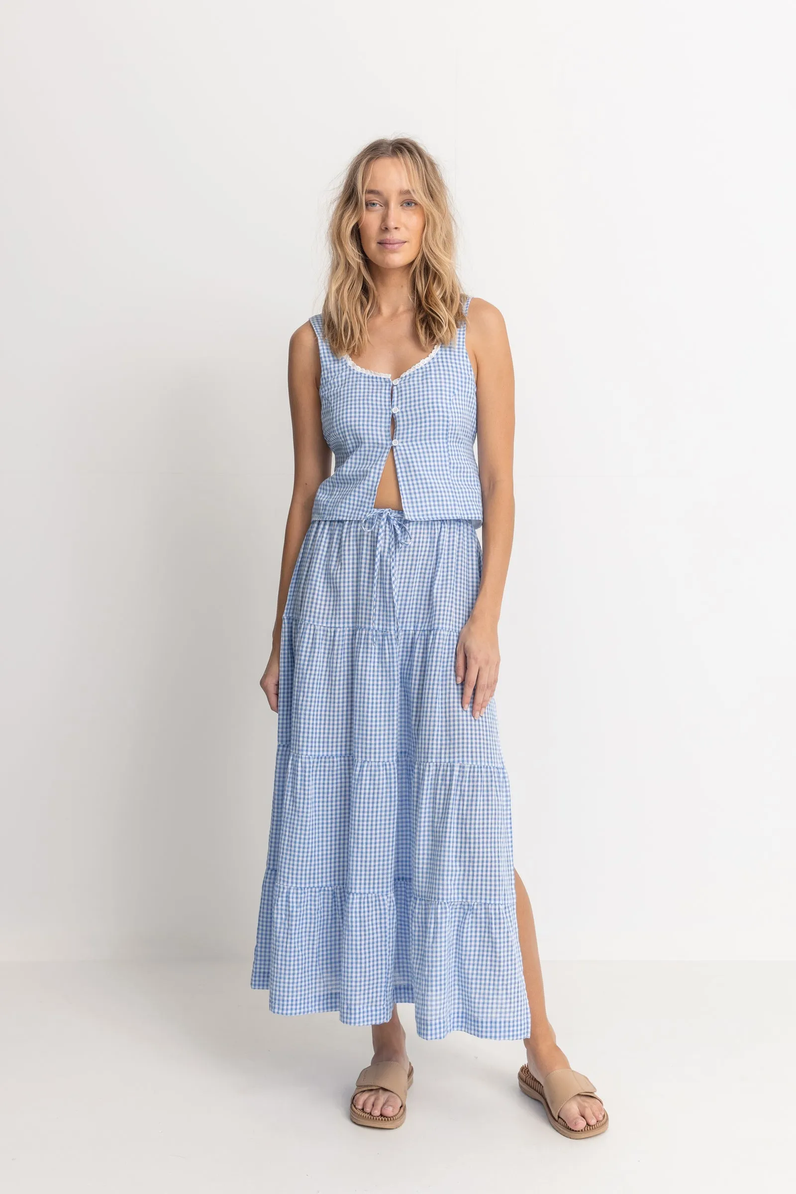 Lola Check Tiered Maxi Skirt Blue