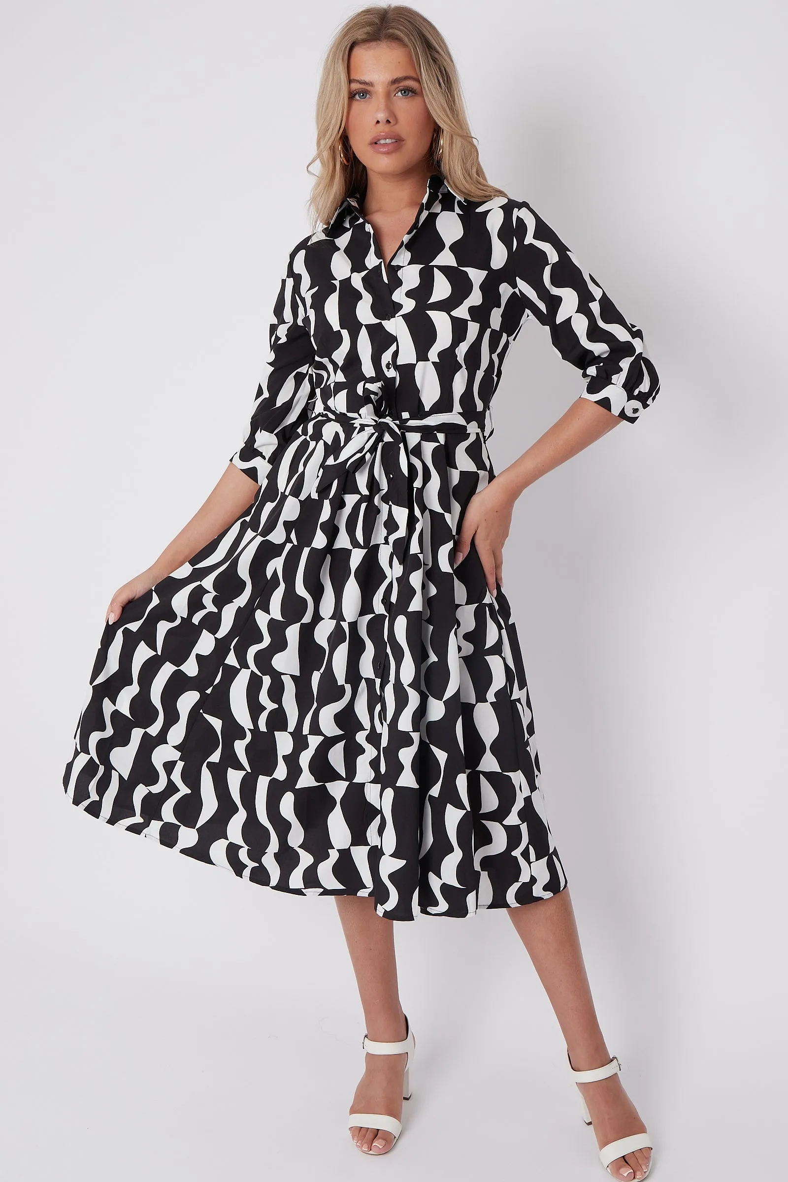 LOVE SUNSHINE Mono Geometric Print Half Sleeve Midi Shirt Dress