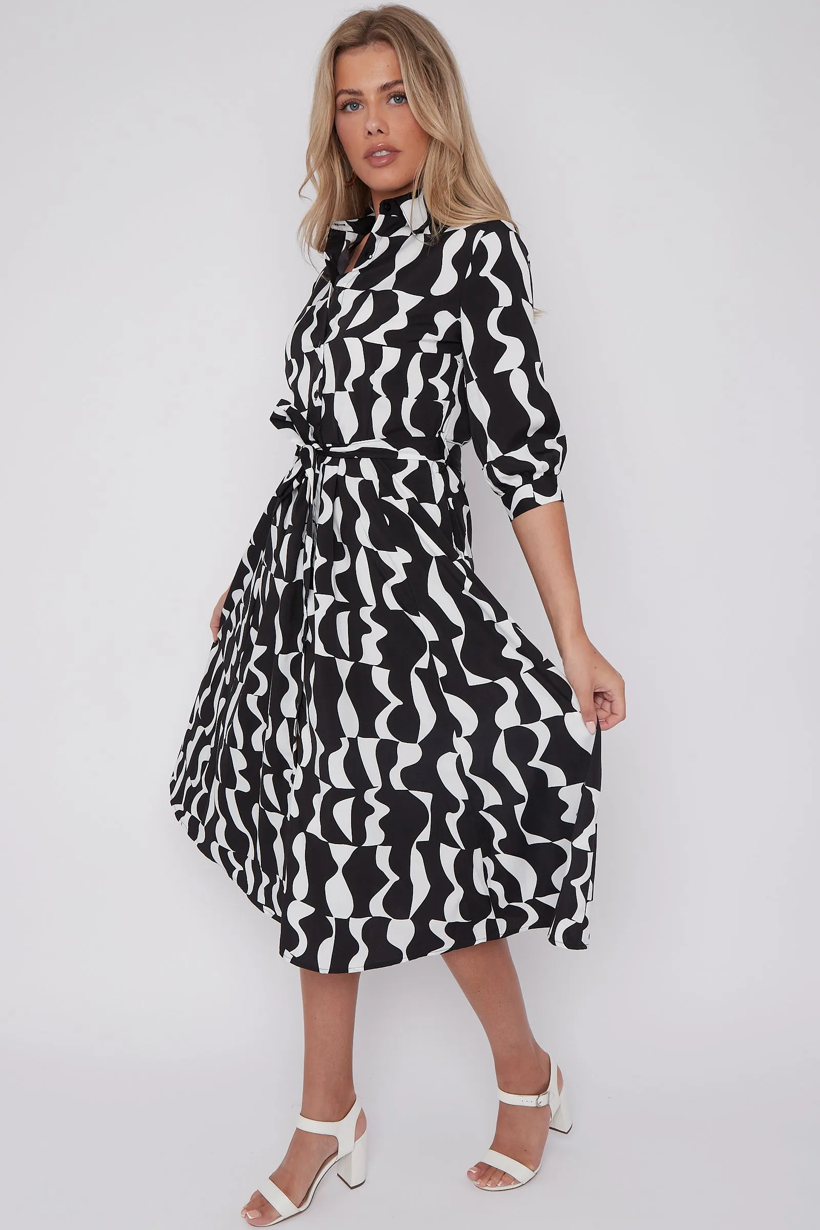 LOVE SUNSHINE Mono Geometric Print Half Sleeve Midi Shirt Dress