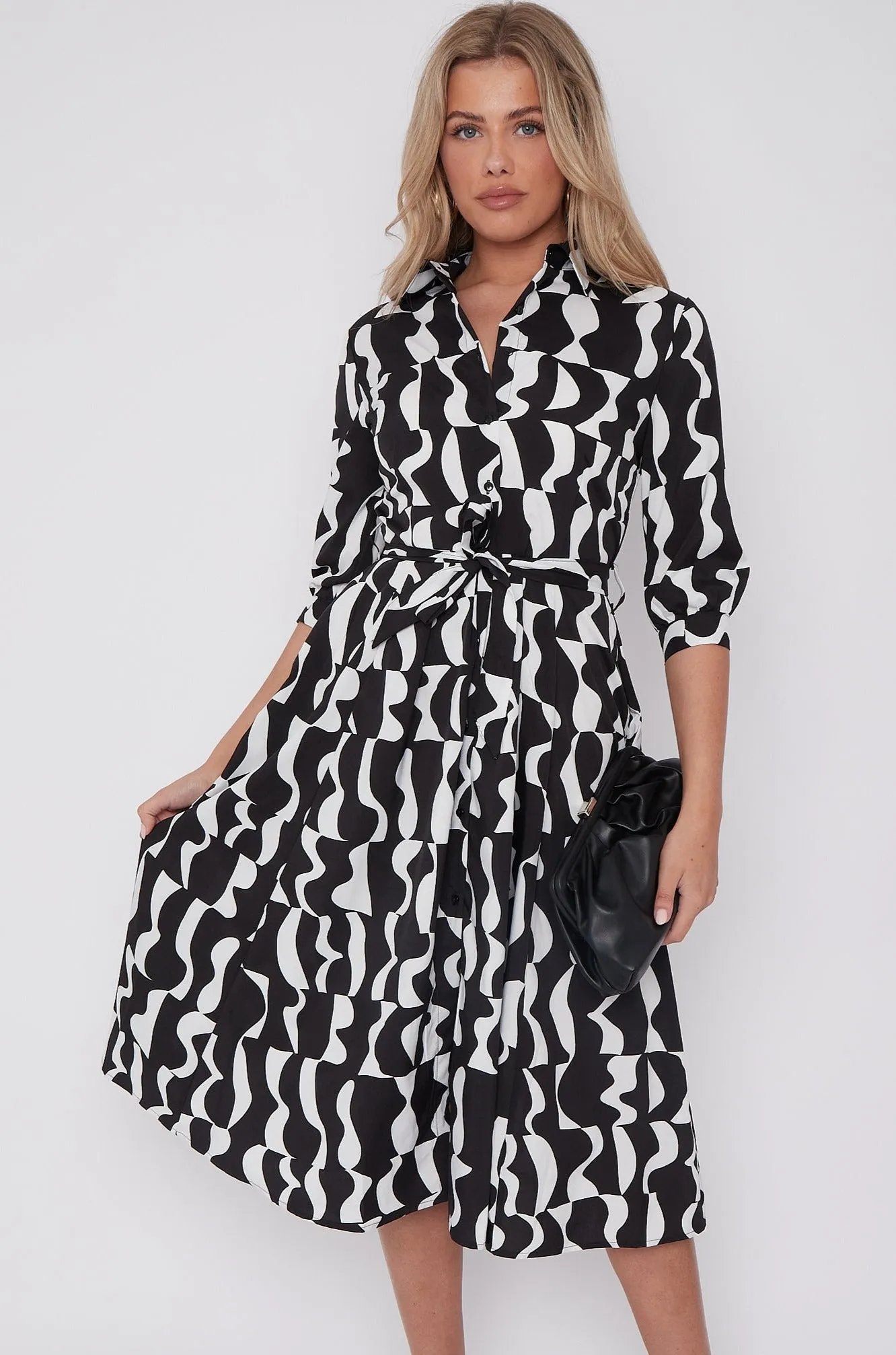 LOVE SUNSHINE Mono Geometric Print Half Sleeve Midi Shirt Dress