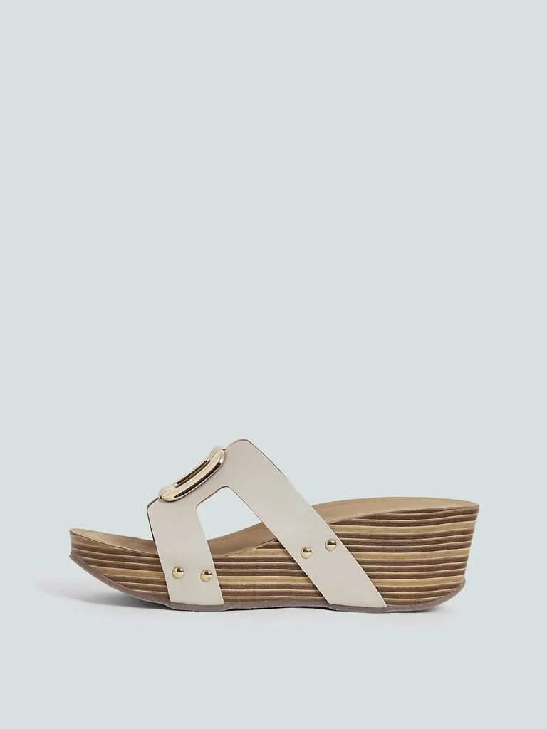 LUNA BLU Cut Out Cage Buckle Ivory Wedge Sandals