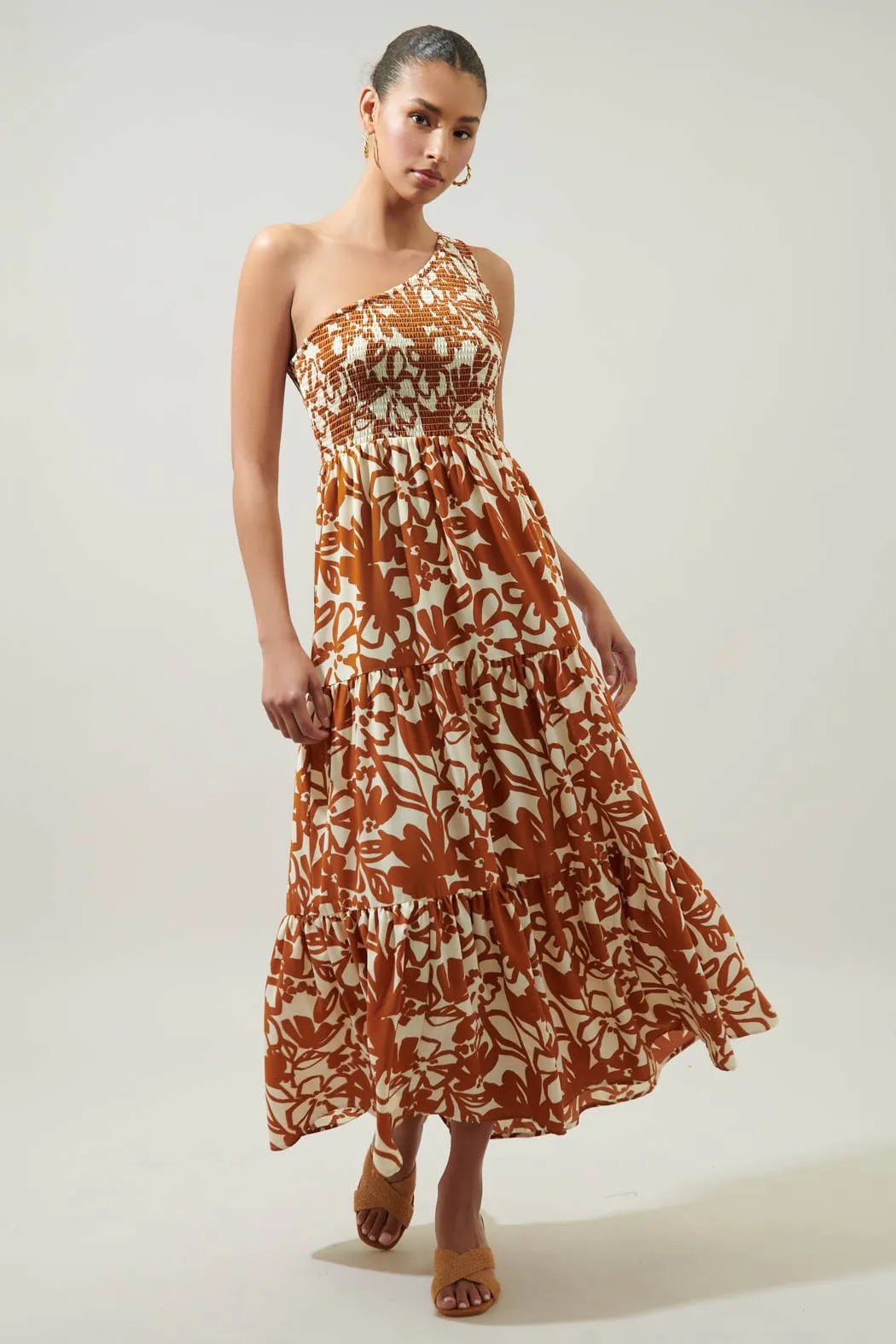 Marida Caramel Floral Smocked One Shoulder Maxi Dress