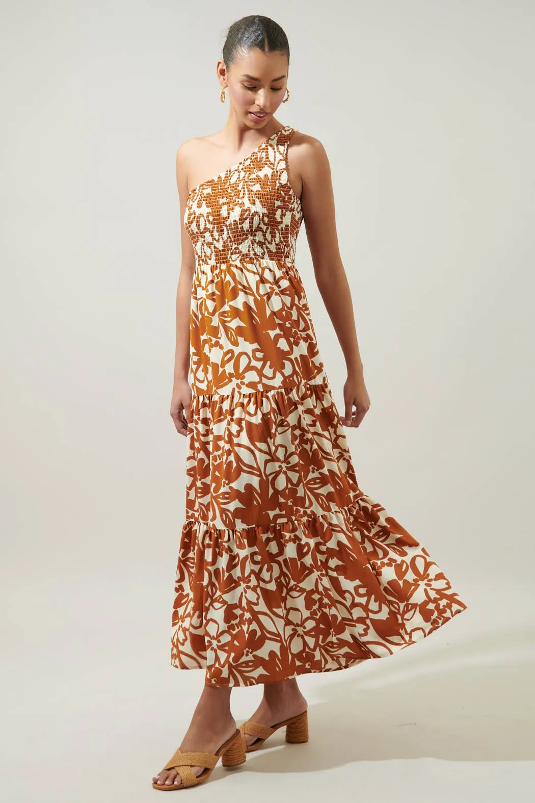 Marida Caramel Floral Smocked One Shoulder Maxi Dress