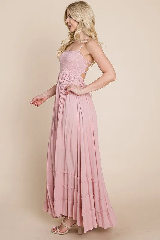 Mauve Smocked Flowy Boho Pleated Backless Maxi Dress