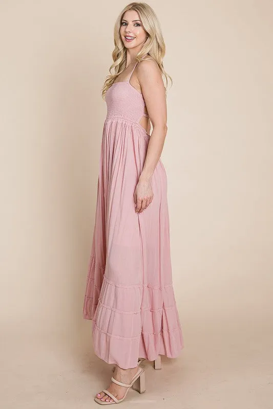 Mauve Smocked Flowy Boho Pleated Backless Maxi Dress