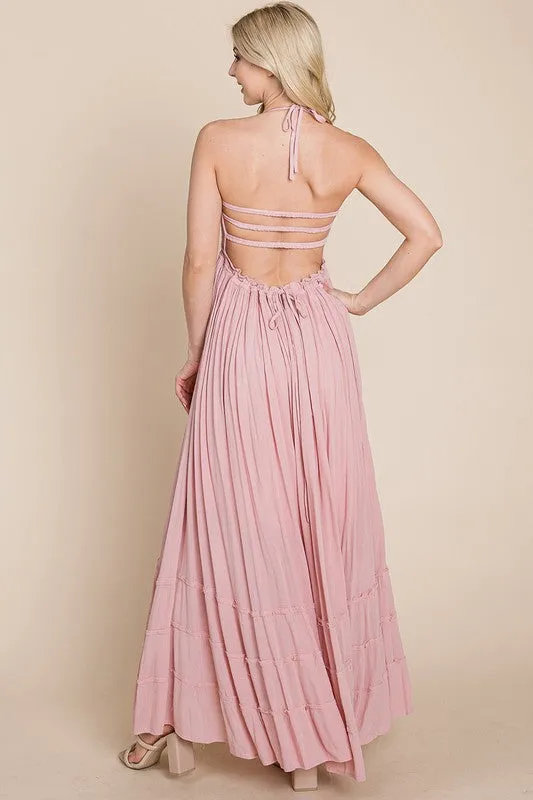 Mauve Smocked Flowy Boho Pleated Backless Maxi Dress