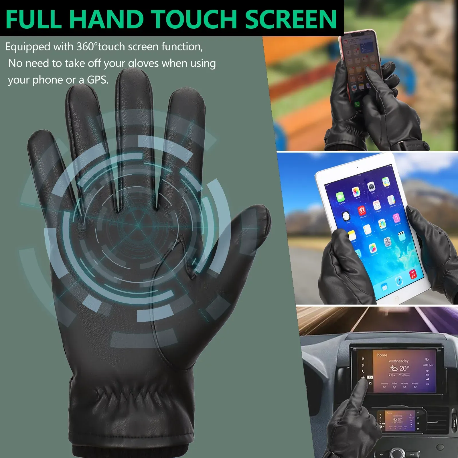 Men Warm Wool Lined PU Leather Winter Gloves Touchscreen Texting Driving Gloves ZB112